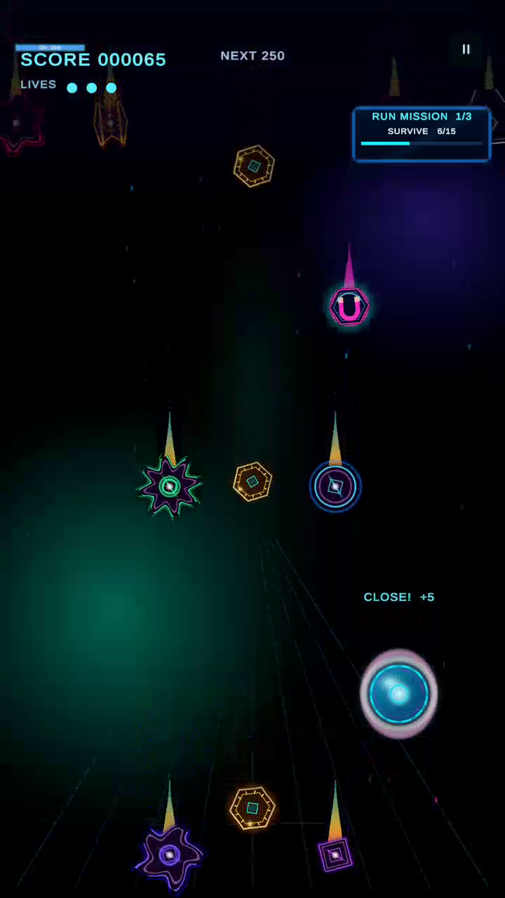 Development gameplay capture of Neon Dodge showing neon hazards, collectible coins and the player in a survival run